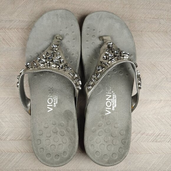 Vionic Orthotic Pearl Sandals Size 8 Silver Beaded Thong Flip Flops - Picture 4 of 6
